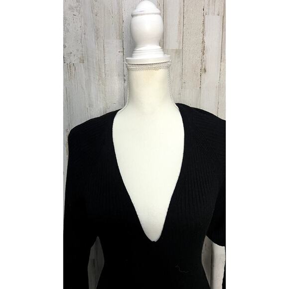 Good American Women's Black Ribbed Knit V-Neck Midi Dress Size 4 Long Sleeve - Picture 2 of 5